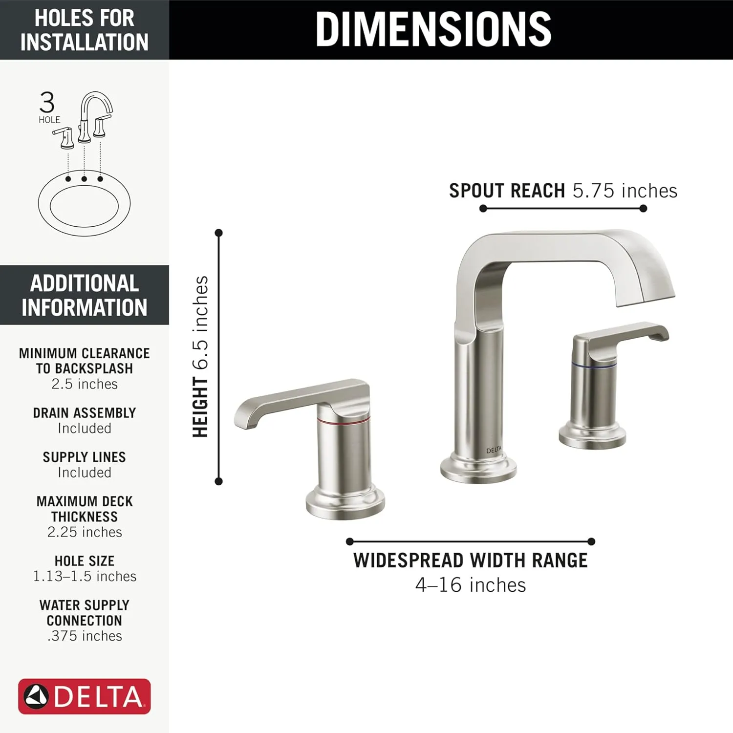 Delta Faucet Tetra Brushed Nickel Widespread Bathroom Faucet 3 Hole, Brushed Nickel Bathroom Faucet for Bathroom Sink, Bathroom Sink Faucet, Metal Drain Assembly, Lumicoat Stainless 35589-SS-PR-DST