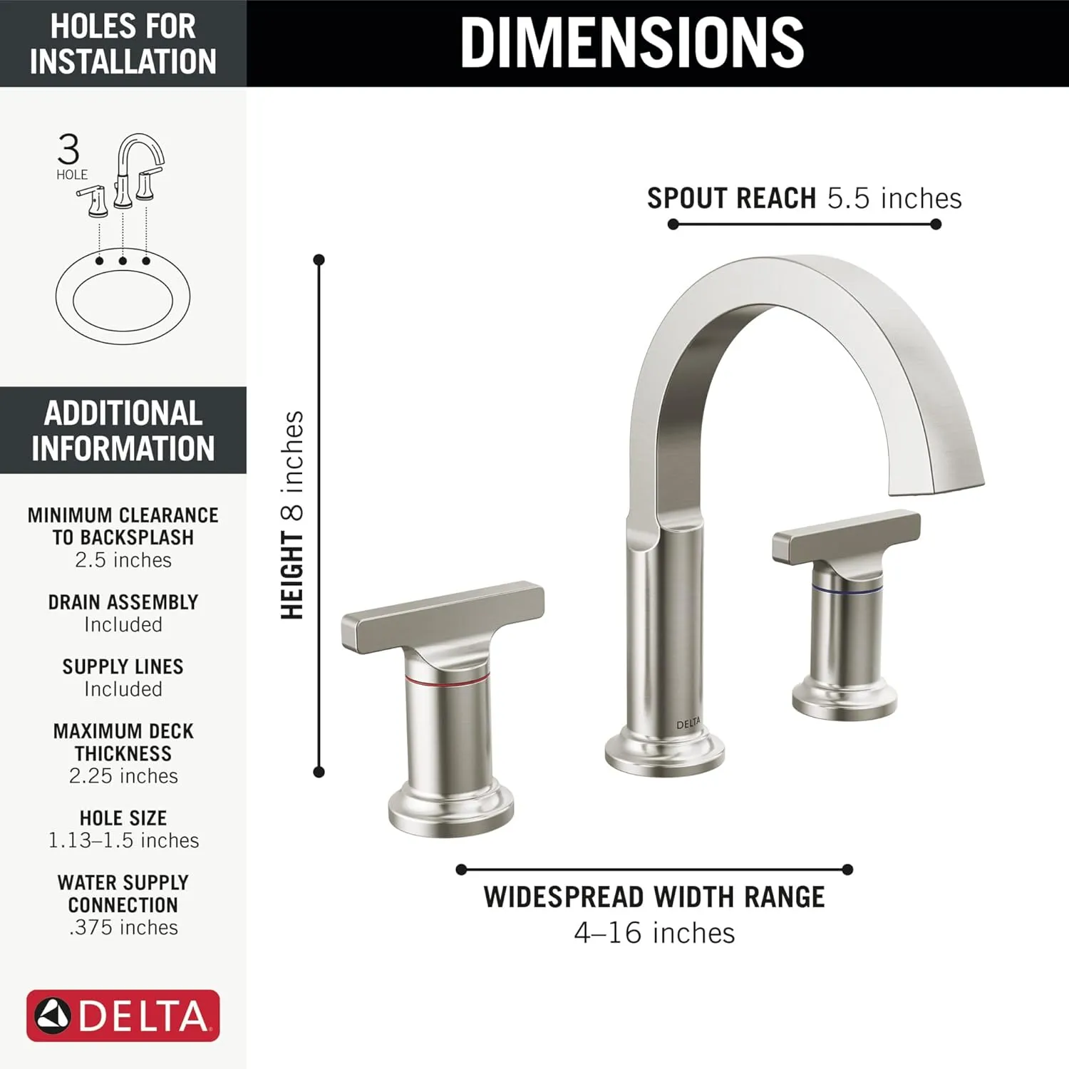 Delta Faucet Tetra Brushed Nickel Widespread Bathroom Faucet 3 Hole, Brushed Nickel Bathroom Faucet for Bathroom Sink, Bathroom Sink Faucet, Metal Drain, Lumicoat Stainless 355887-SS-PR-DST