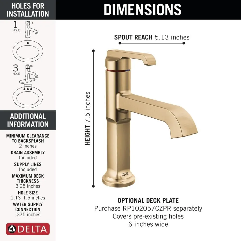 Delta Faucet Tetra Gold Single Hole Bathroom Faucet, Gold Single Handle Bathroom Faucet, Bathroom Sink Faucet, Diamond Seal Technology, Metal Drain Assembly, Lumicoat Champagne Bronze 589-CZ-PR-DST