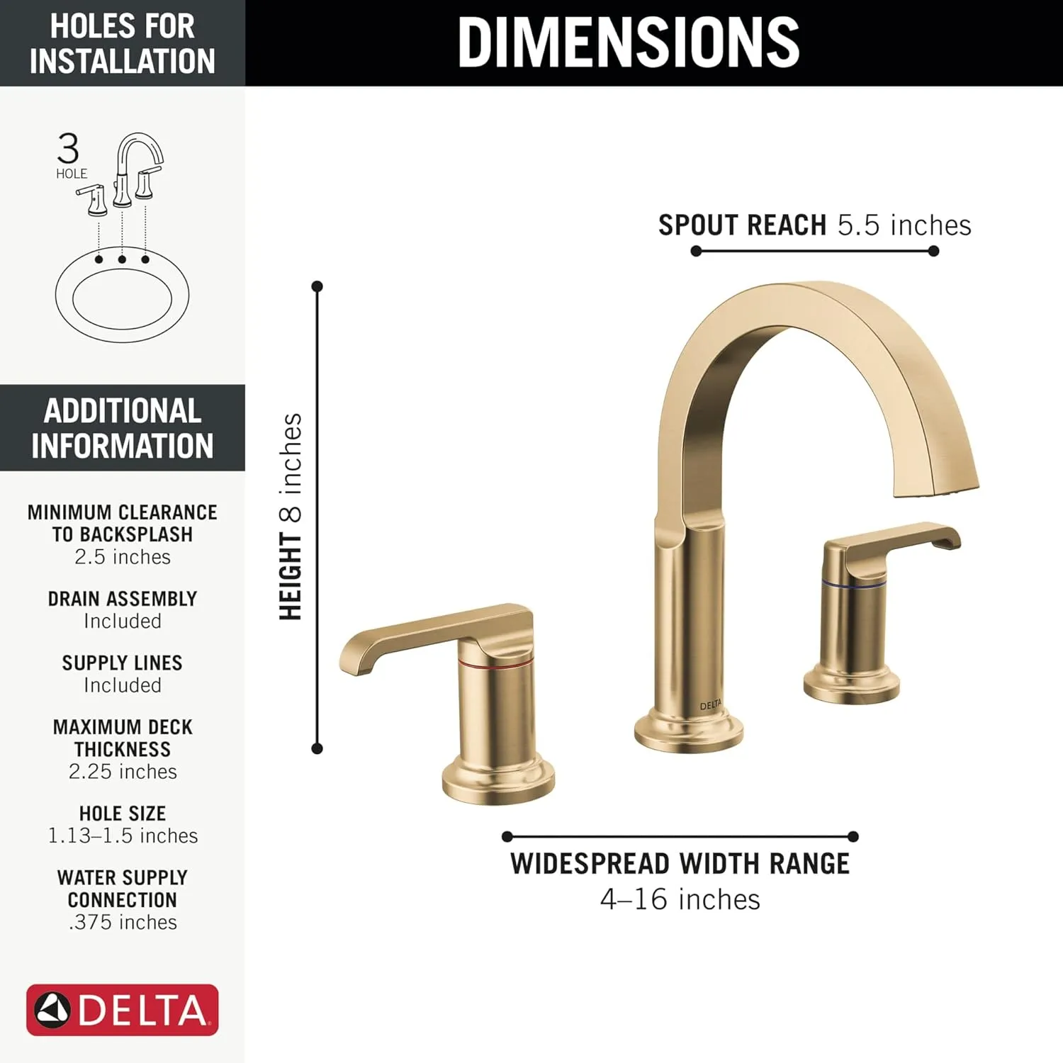 Delta Faucet Tetra Gold Widespread Bathroom Faucet 3 Hole, Gold Bathroom Faucet for Bathroom Sink, Bathroom Sink Faucet, Diamond Seal, Metal Drain Assembly, Lumicoat Champagne Bronze 35588-CZ-PR-DST