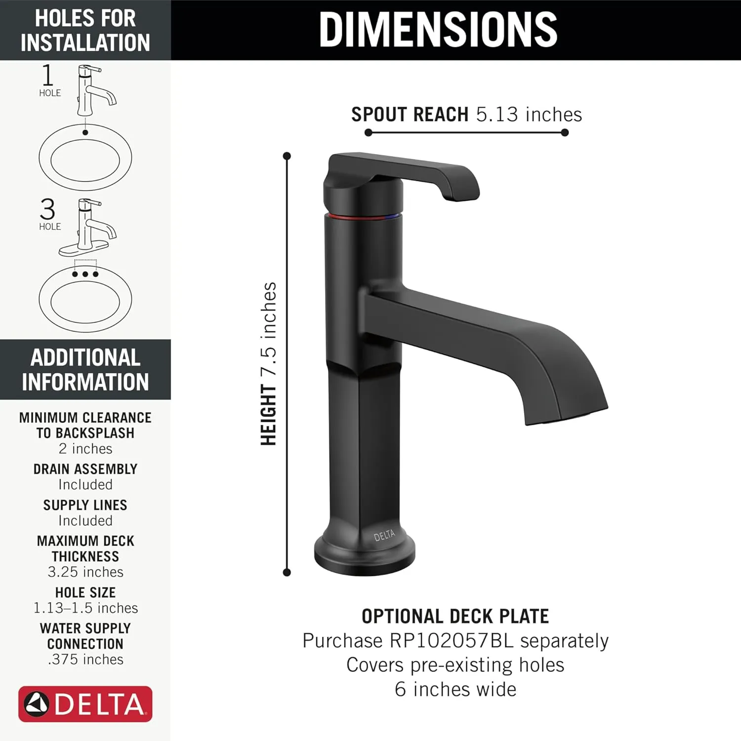 Delta Faucet Tetra Matte Black Single Hole Bathroom Faucet, Black Single Handle Bathroom Faucet, Bathroom Sink Faucet, Diamond Seal Technology, Metal Drain Assembly, Matte Black 589-BL-DST