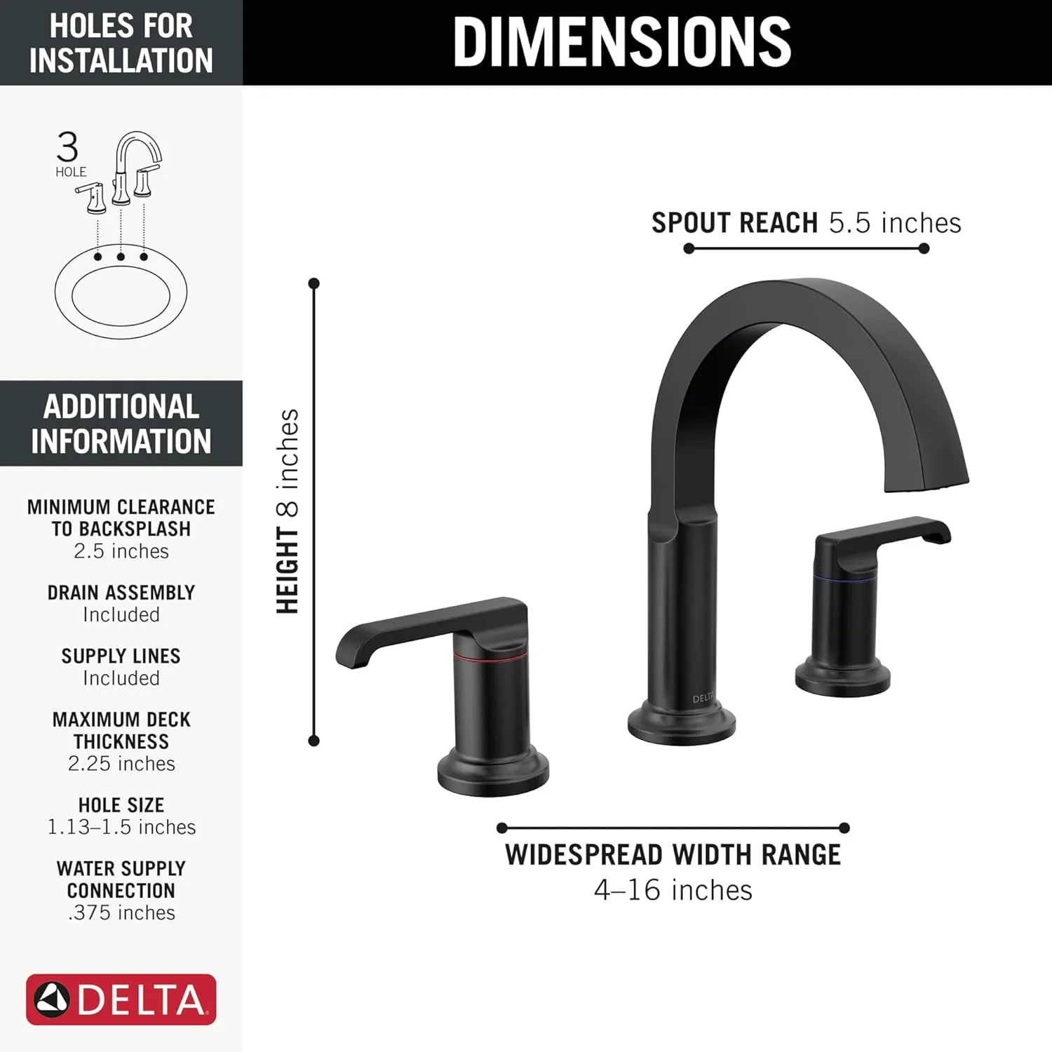 Delta Faucet Tetra Matte Black Widespread Bathroom Faucet 3 Hole, Black Bathroom Faucet for Bathroom Sink, Bathroom Sink Faucet, Diamond Seal Technology, Metal Drain Assembly, Matte Black 35588-BL-DST