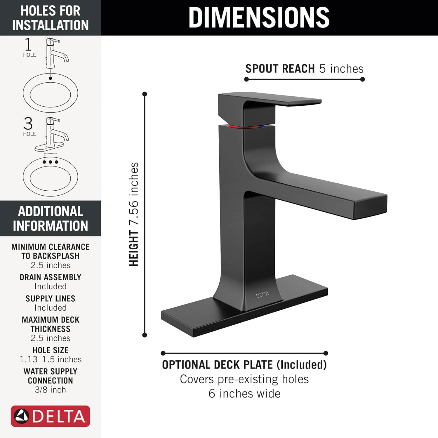 Delta Faucet Velum Single Hole Bathroom Faucet, Black Bathroom Sink Faucet, Single Handle Bathroom Faucet, Bath Faucet, Pop-Up Drain Assembly, Matte Black 537-BLMPU-DST