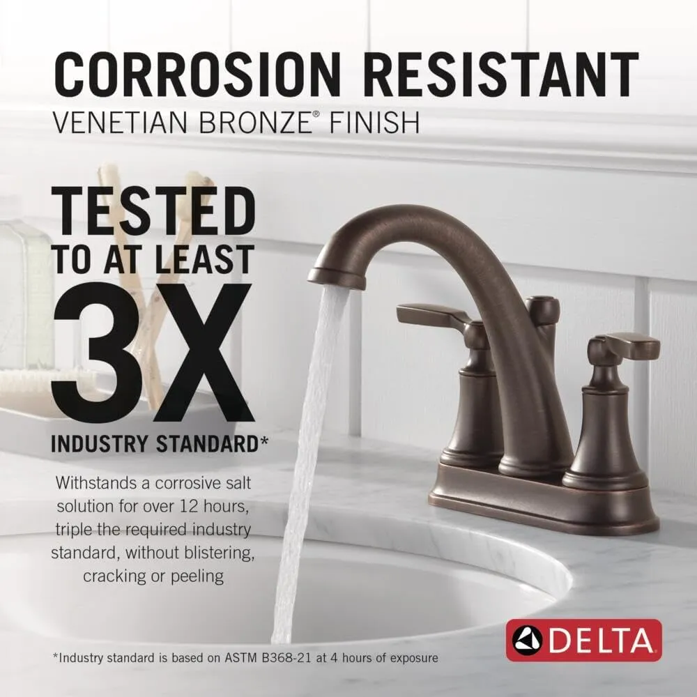 Delta Faucet Woodhurst Centerset Bathroom Faucet, Oil Rubbed Bronze 2-Handle Bathroom Faucet, Delta Bathroom Sink Faucet, Metal Push-Pop Drain Assembly, Venetian Bronze 2532LF-RBMPU