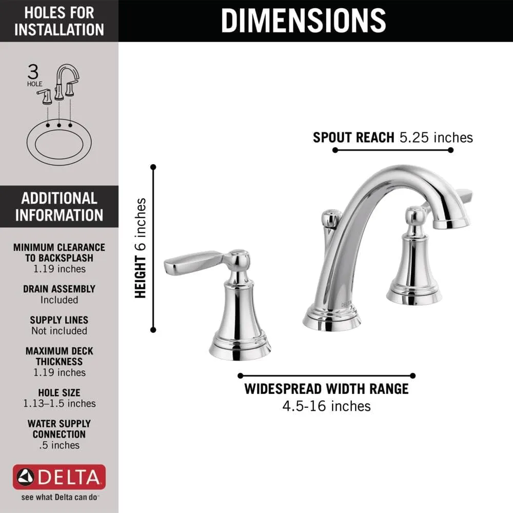 Delta Faucet Woodhurst Widespread Bathroom Faucet Chrome, Bathroom Faucet 3 Hole, Bathroom Sink Faucet, Metal Drain Assembly, Chrome 3532LF
