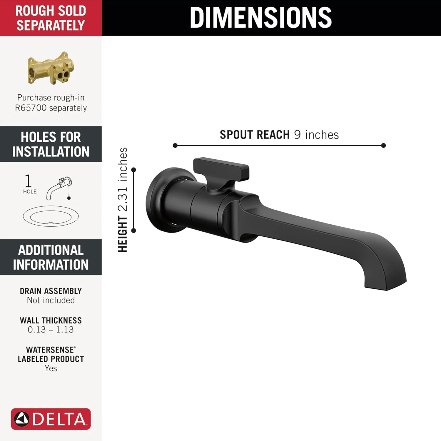 Delta Tetra Wall Mount Black Faucet, Bathroom Sink, Matte Black T3589LF-BLWL (Valve Not Included)