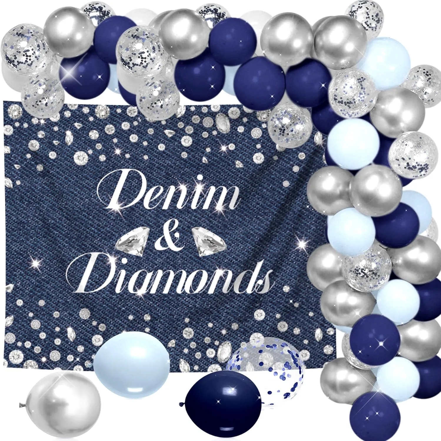 Denim and Diamonds Party Decorations Denim Diamonds Backdrop Balloons Denim Photography Background for Bachelorette Bridal Birthday Wedding Engagement Party Supplies