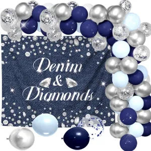 Denim and Diamonds Party Decorations Denim Diamonds Backdrop Balloons Denim Photography Background for Bachelorette Bridal Birthday Wedding Engagement Party Supplies