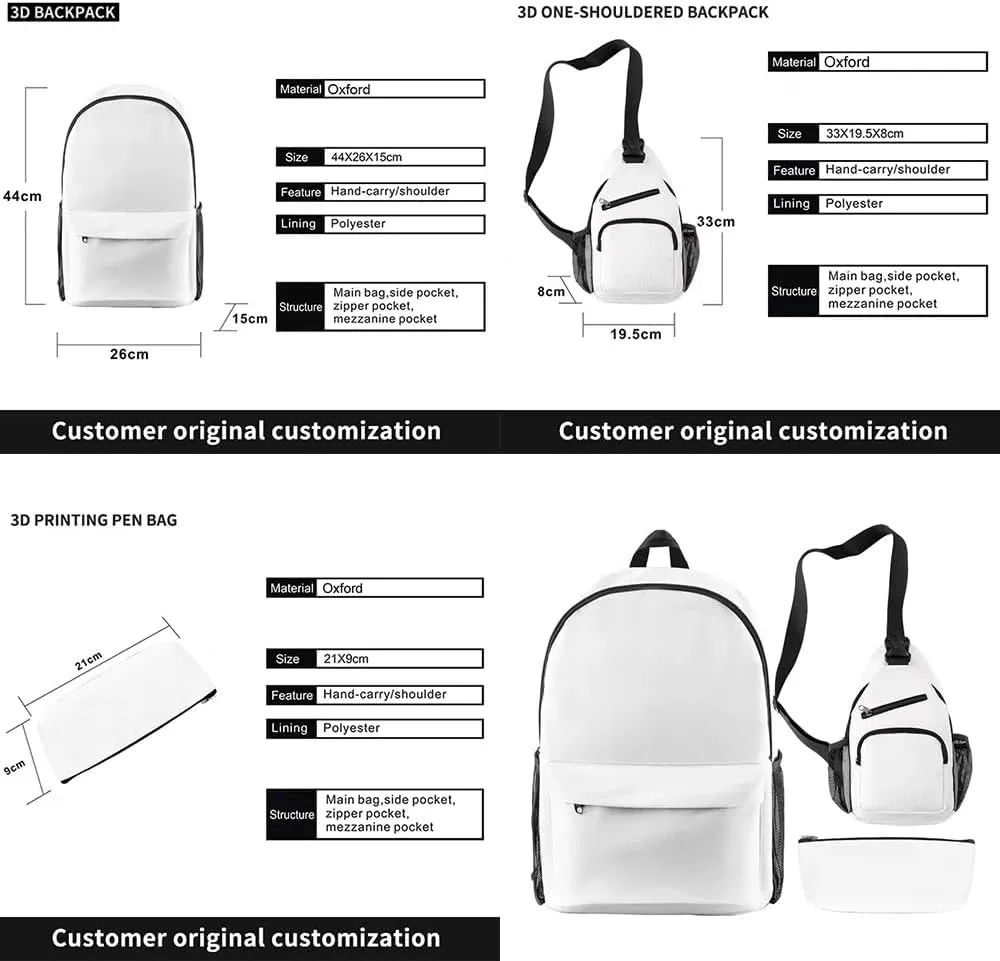 Destroy Lonely Backpack Three-piece Sets Casual Oxford Cloth Travel Bag Unisex Shoulder Bag (YM8997A09,One size)