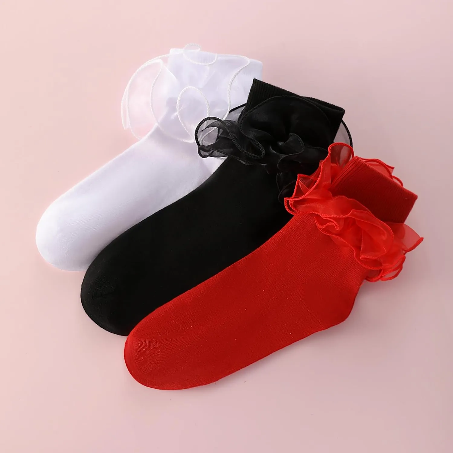 Dicry Women Big Ruffle Socks Double Lace Turn Cuff (Size 9-11, 3 Pairs)
