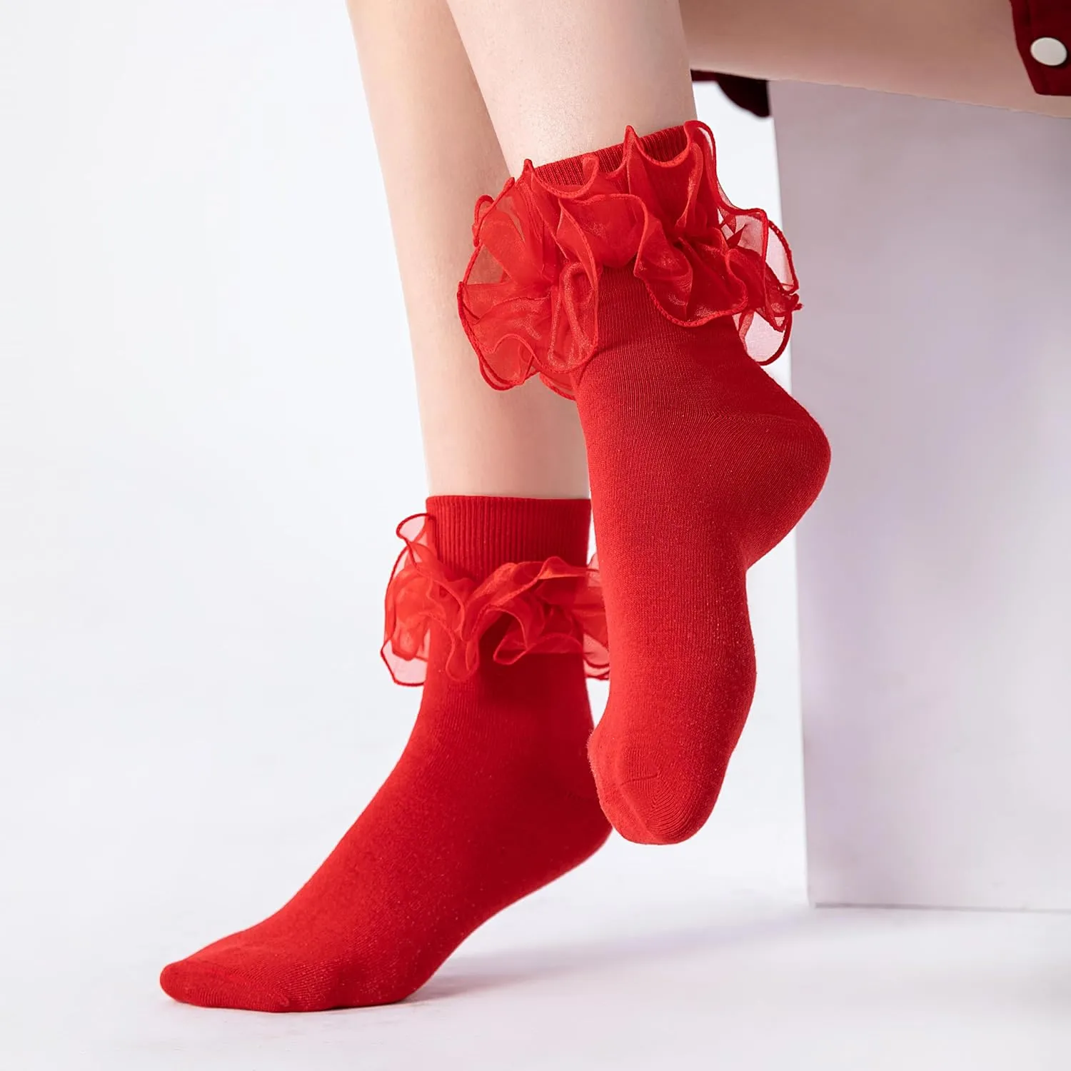 Dicry Women Big Ruffle Socks Double Lace Turn Cuff (Size 9-11, 3 Pairs)