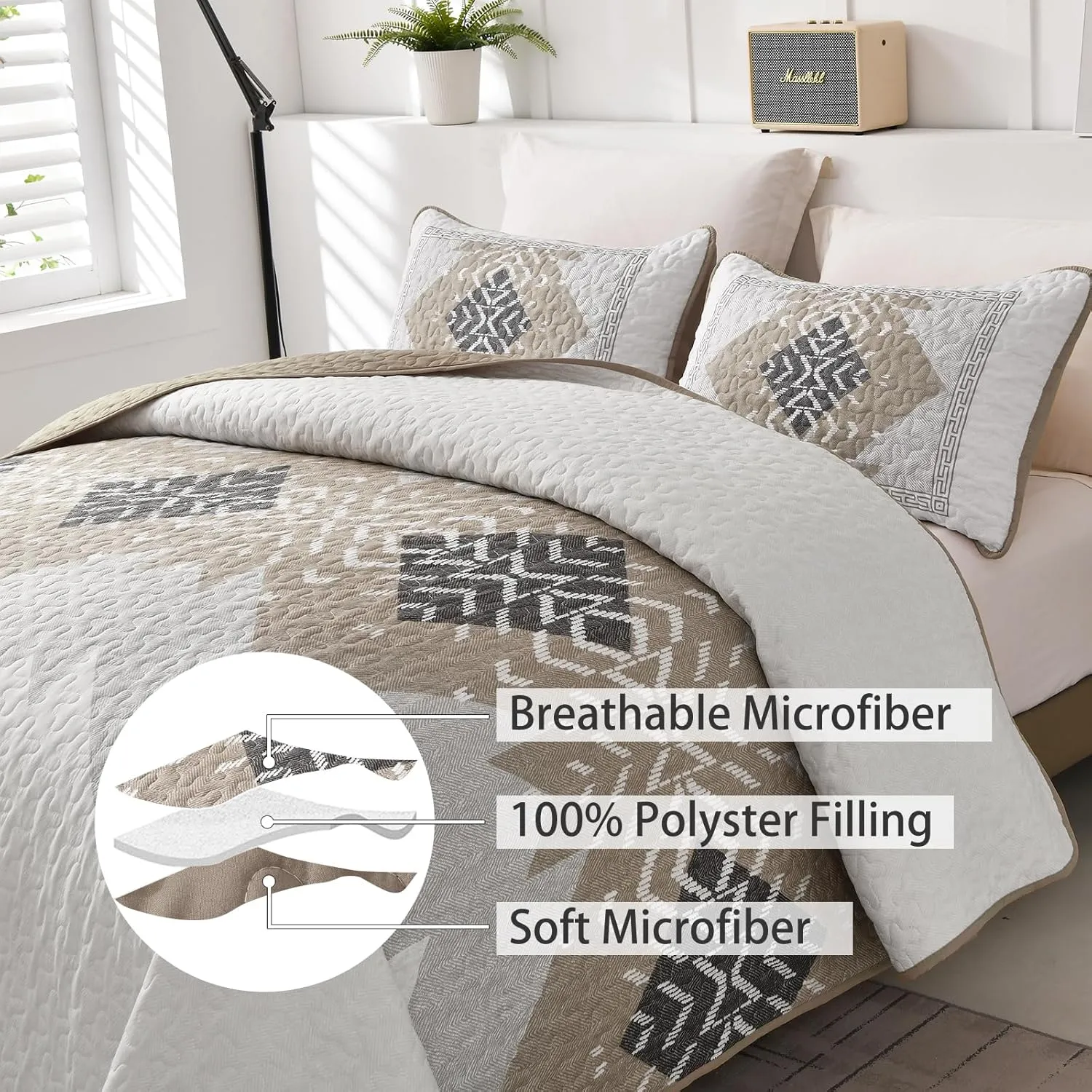 Dintszyayue Brown Boho Quilt Set King,3 Pieces Aztec Texture Quilt with 2 Pillowcases,Bohemian Geometric Bedspread Bedding Set Microfiber Quilted Coverlet Set for All Seasons King Size(90"×103")