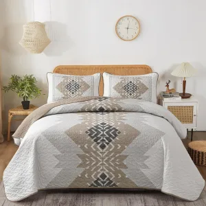 Dintszyayue Brown Boho Quilt Set King,3 Pieces Aztec Texture Quilt with 2 Pillowcases,Bohemian Geometric Bedspread Bedding Set Microfiber Quilted Coverlet Set for All Seasons King Size(90"×103")