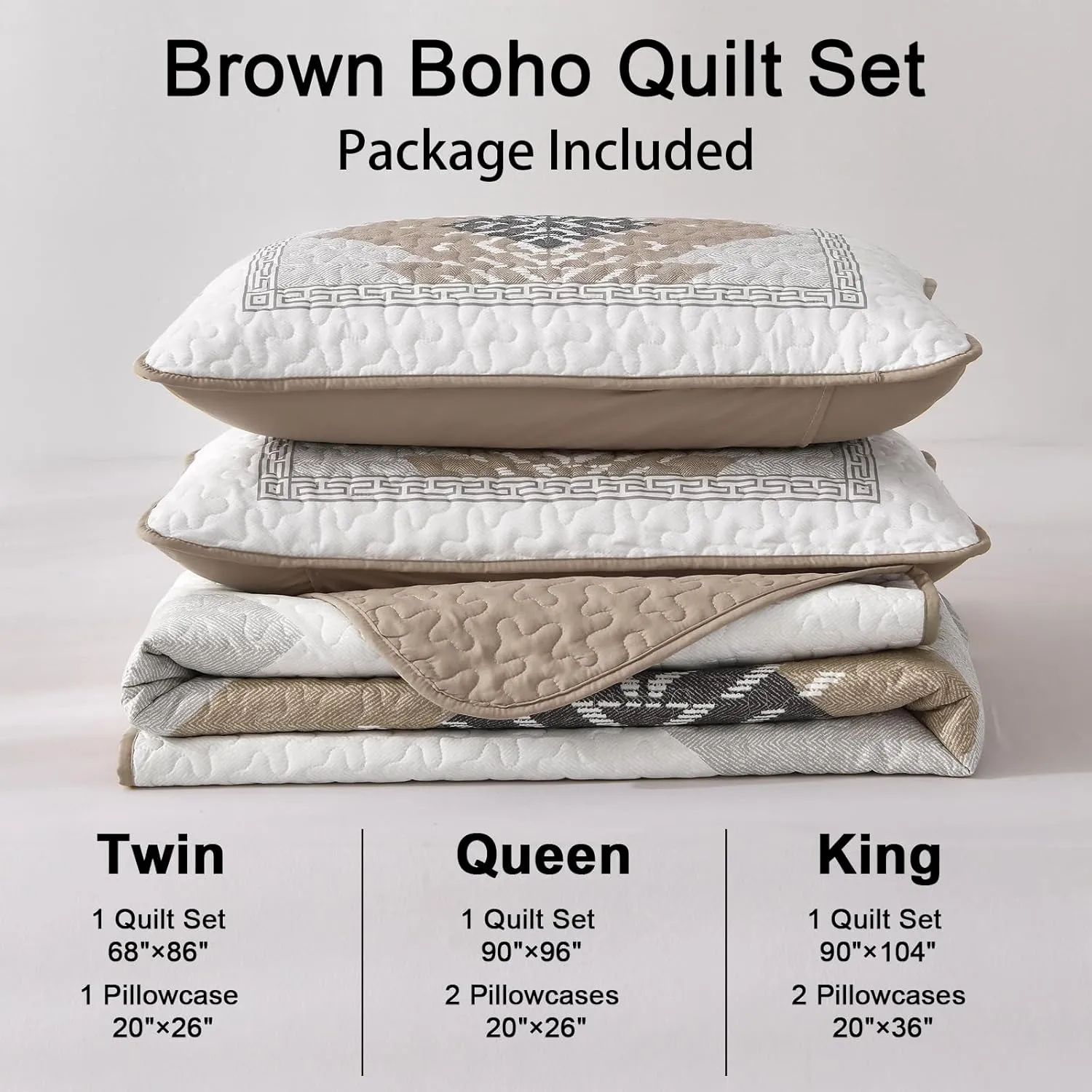 Dintszyayue Brown Boho Quilt Set King,3 Pieces Aztec Texture Quilt with 2 Pillowcases,Bohemian Geometric Bedspread Bedding Set Microfiber Quilted Coverlet Set for All Seasons King Size(90"×103")