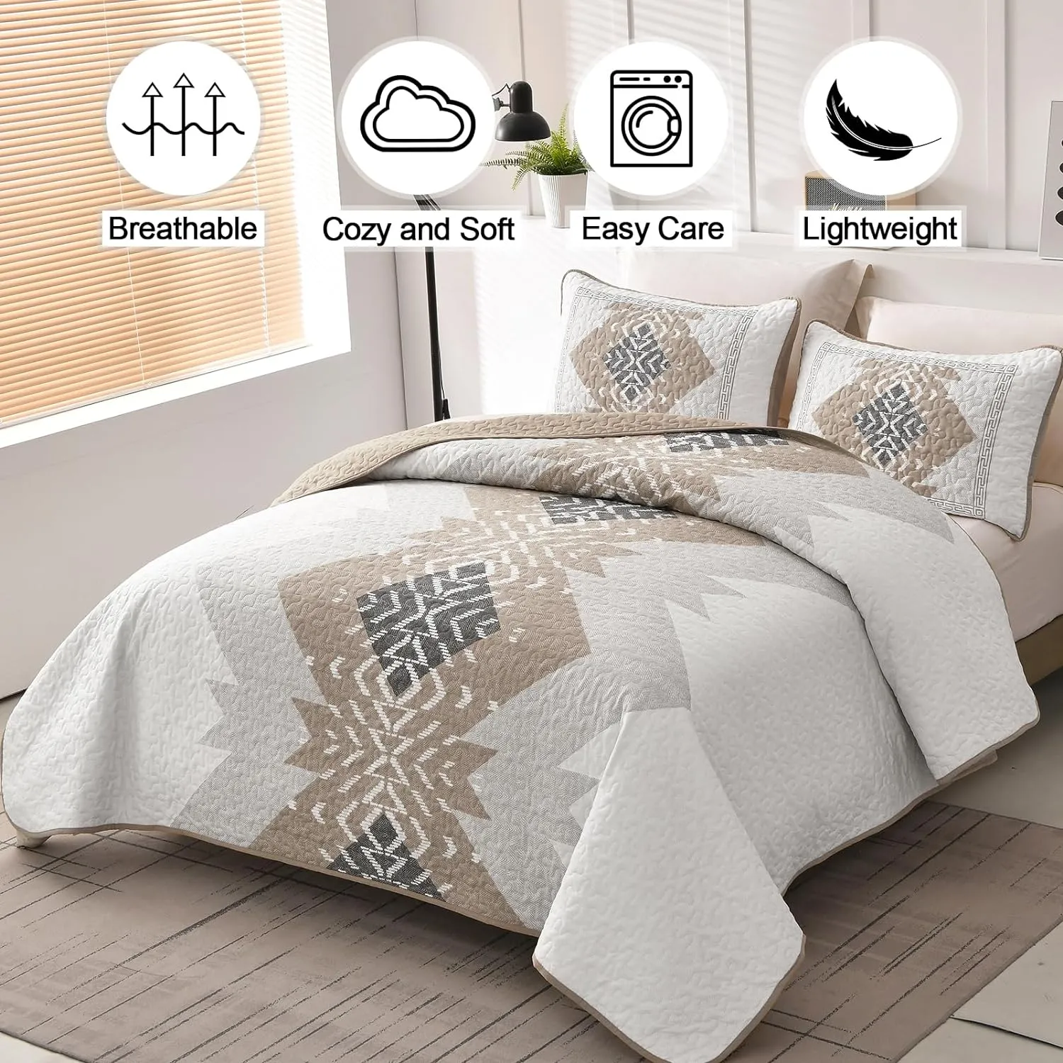 Dintszyayue Brown Boho Quilt Set King,3 Pieces Aztec Texture Quilt with 2 Pillowcases,Bohemian Geometric Bedspread Bedding Set Microfiber Quilted Coverlet Set for All Seasons King Size(90"×103")