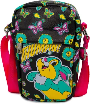 Disney Bag, Crossbody, Bambi Thumper Thumpin Retro Pose Floral Collage, Black, Vegan Leather