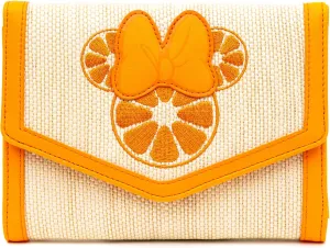Disney Bag, Horizontal Fold Over Crossbody, Minnie Mouse Embroidered Citrus Ears with Bow Orange, Raffia Straw