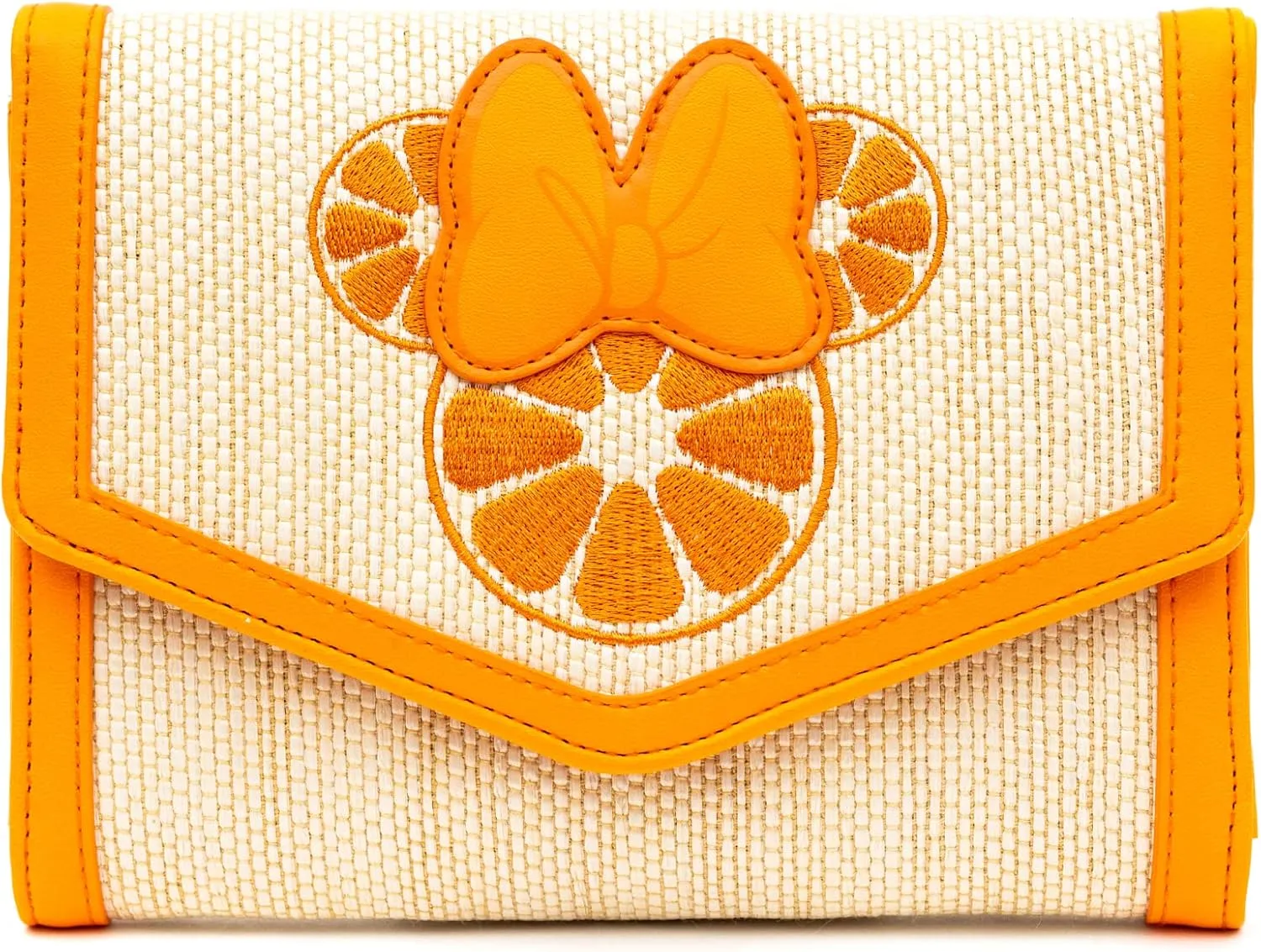 Disney Bag, Horizontal Fold Over Crossbody, Minnie Mouse Embroidered Citrus Ears with Bow Orange, Raffia Straw