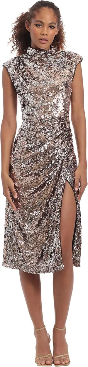 Donna Morgan Women's Sequin Mock Neck Midi Dress with Slit