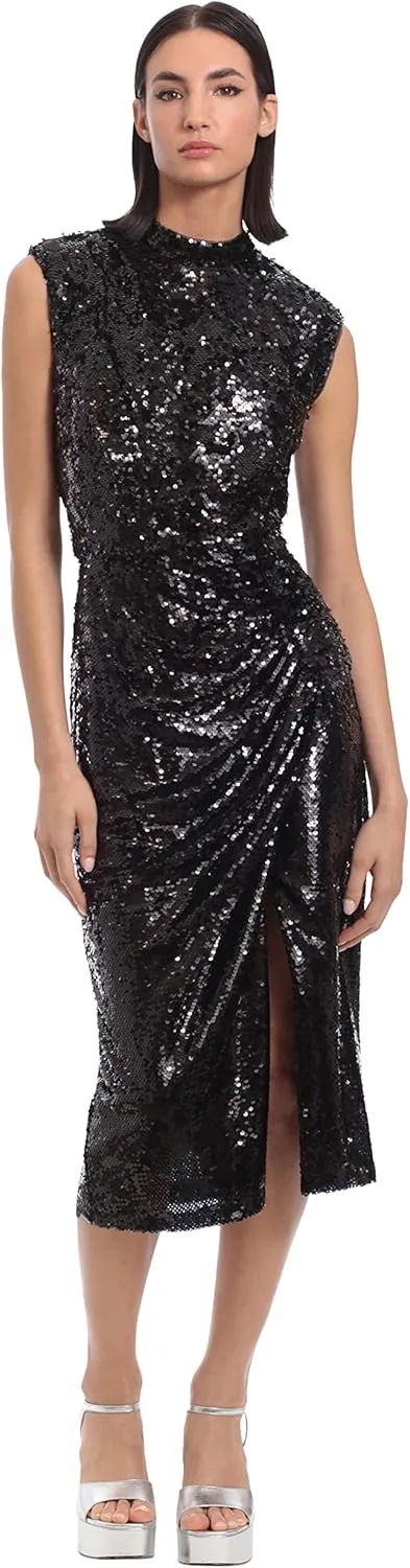 Donna Morgan Women's Sequin Mock Neck Midi Dress with Slit
