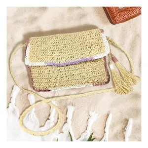 Double Tassel Pointed Ivory Color Block Straw Crossbody Bag