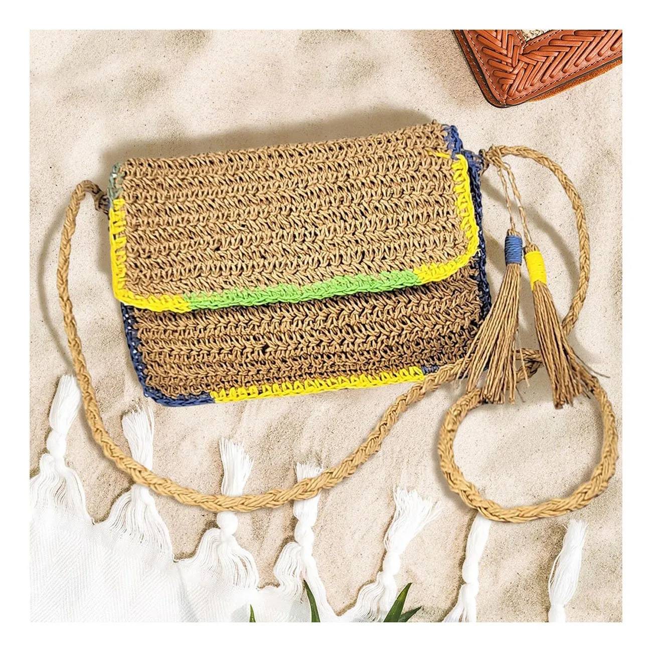Double Tassel Pointed Ivory Color Block Straw Crossbody Bag