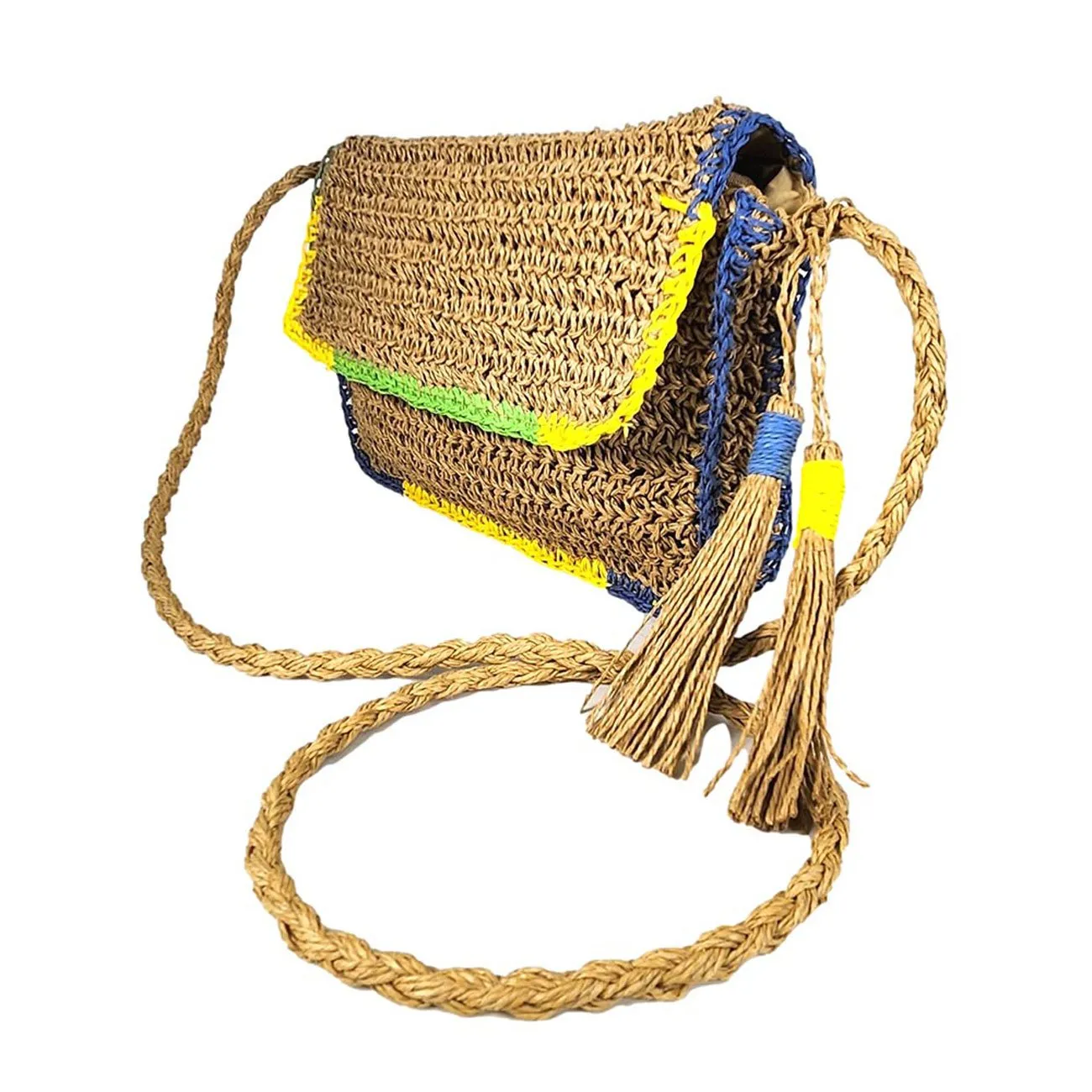 Double Tassel Pointed Ivory Color Block Straw Crossbody Bag