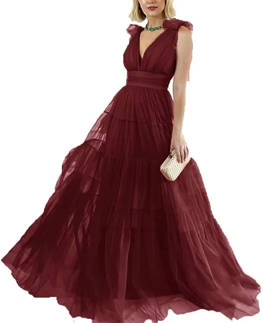 Double V-Neck Tulle Prom Dress for Women Long Spaghetti Straps Backless Formal Evening Party Gowns