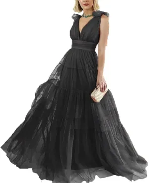 Double V-Neck Tulle Prom Dress for Women Long Spaghetti Straps Backless Formal Evening Party Gowns
