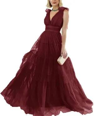 Double V-Neck Tulle Prom Dress for Women Long Spaghetti Straps Backless Formal Evening Party Gowns