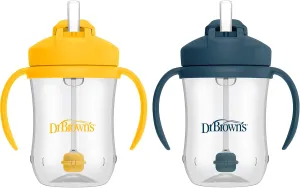 Dr. Brown's Milestones, Baby's First Straw Cup Sippy Cup with Straw, 6m , 9oz/270ml, 2 Pack, Dark Blue & Vintage Yellow, BPA Free