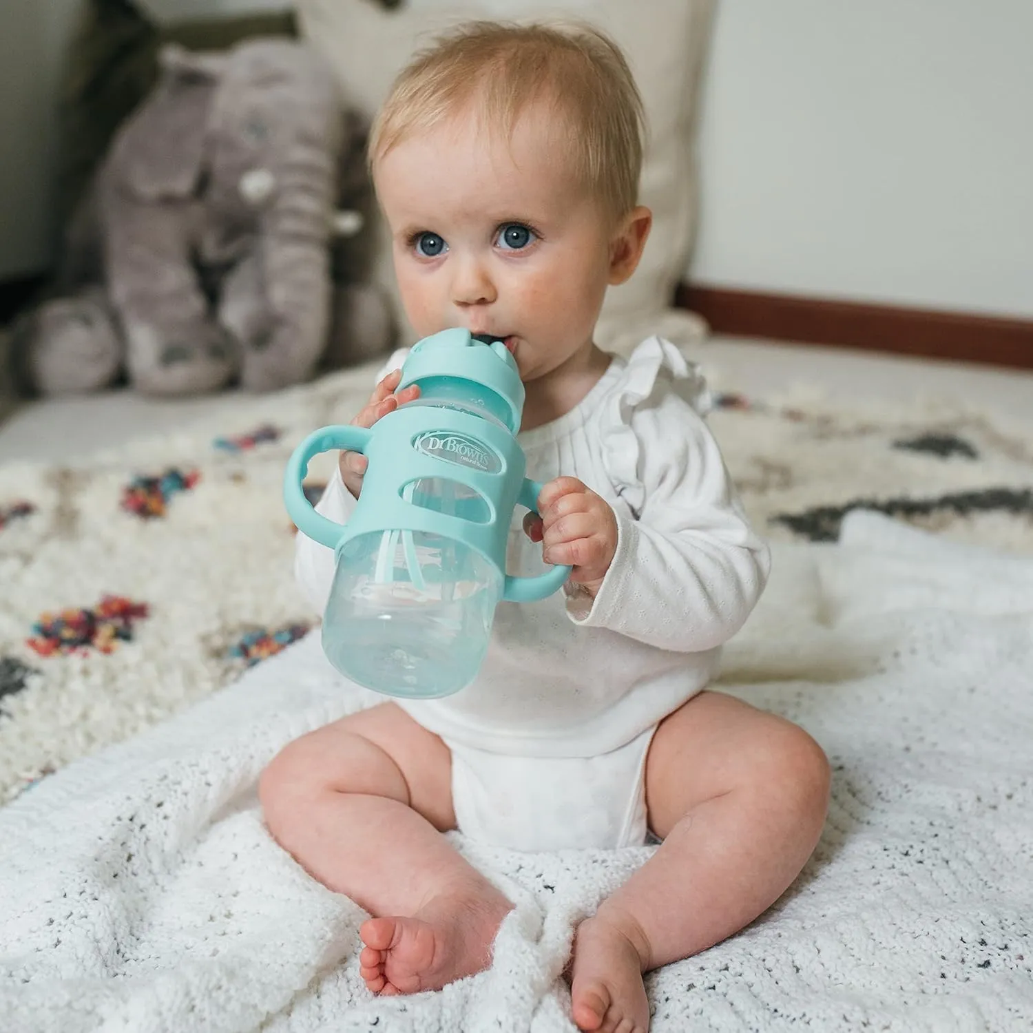Dr. Brown's Milestones Wide-Neck Sippy Straw Bottle with 100% Silicone Handles and Weighted Straw, 9 oz/270 mL, Gray & Green, 6m 
