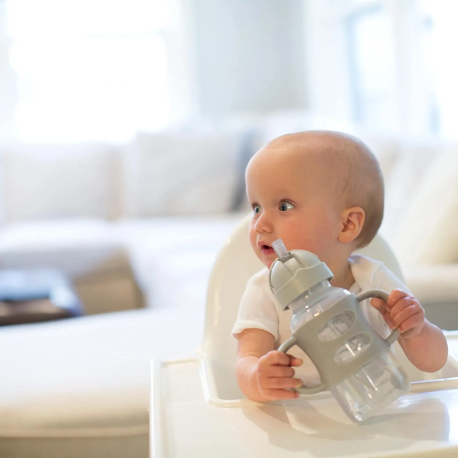 Dr. Brown's Milestones Wide-Neck Sippy Straw Bottle with 100% Silicone Handles and Weighted Straw, 9 oz/270 mL, Gray & Green, 6m 