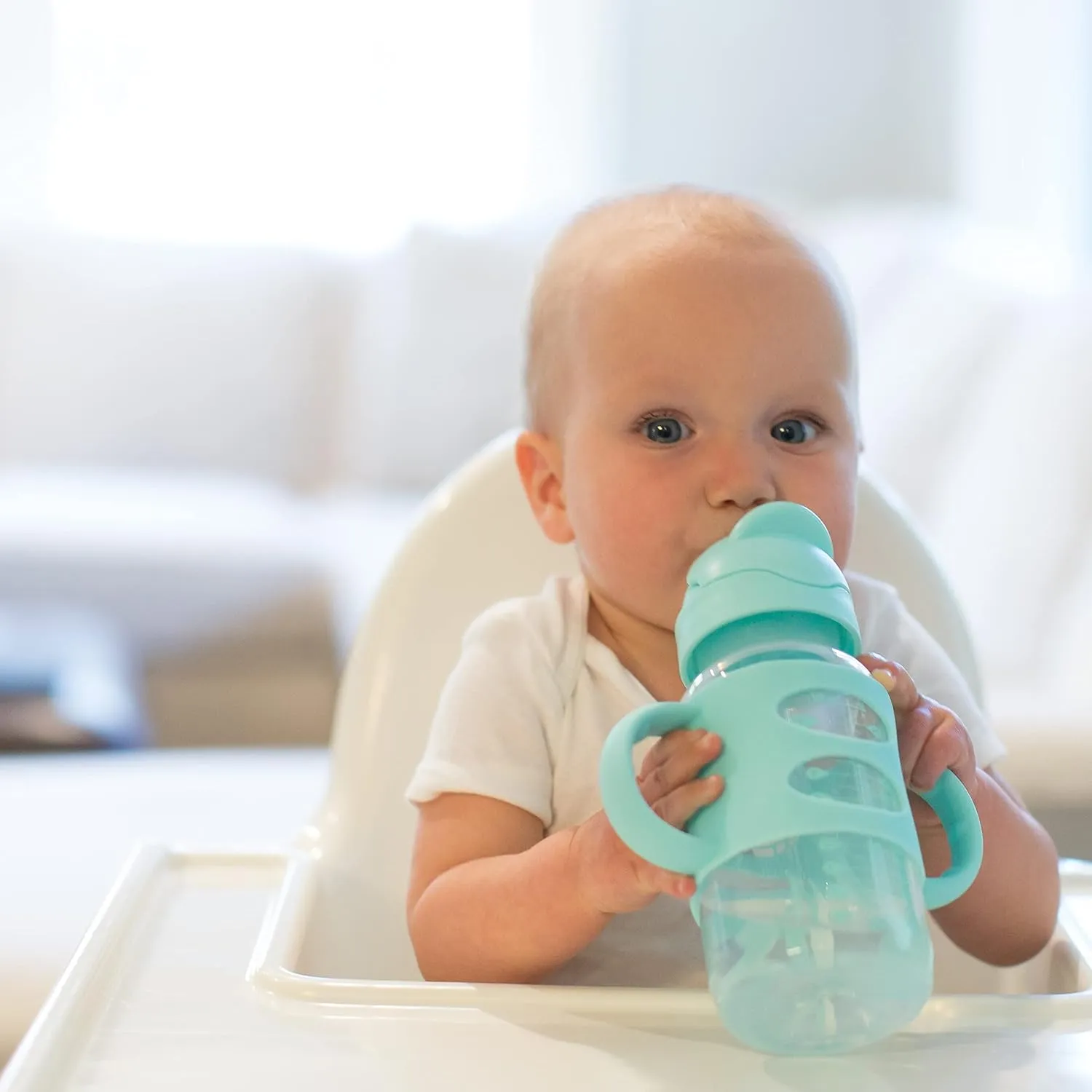 Dr. Brown's Milestones Wide-Neck Sippy Straw Bottle with 100% Silicone Handles and Weighted Straw, 9 oz/270 mL, Gray & Green, 6m 