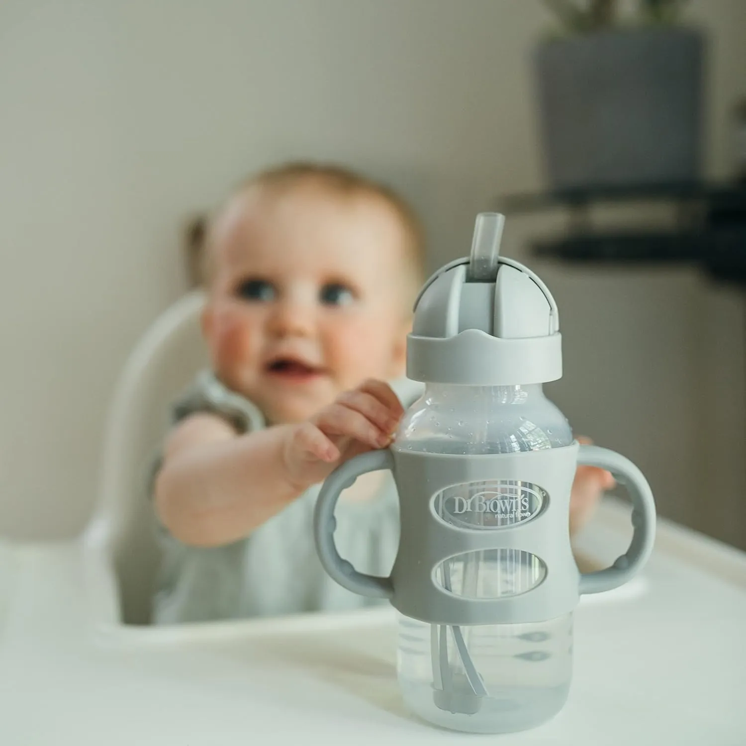 Dr. Brown's Milestones Wide-Neck Sippy Straw Bottle with 100% Silicone Handles and Weighted Straw, 9 oz/270 mL, Gray & Green, 6m 