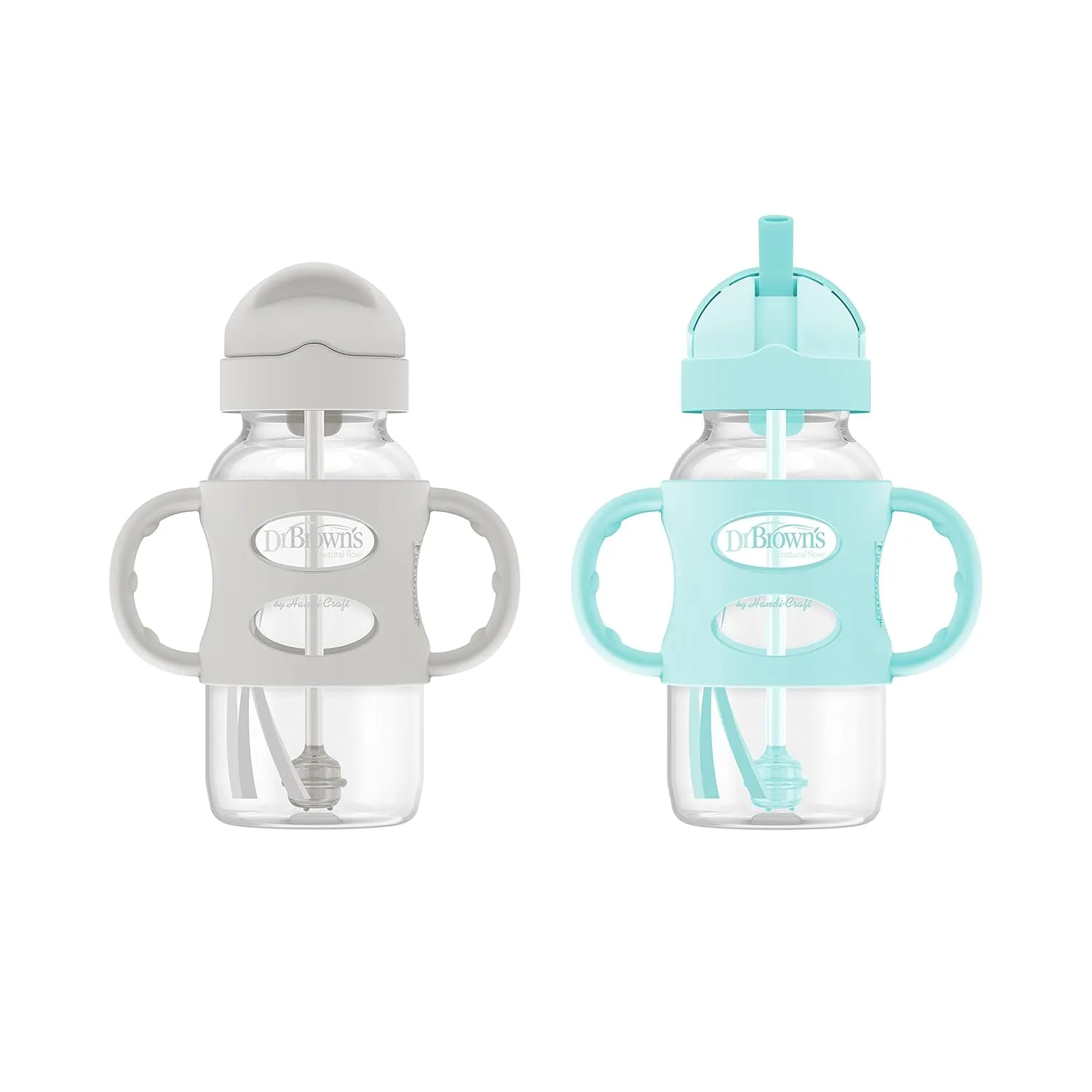 Dr. Brown's Milestones Wide-Neck Sippy Straw Bottle with 100% Silicone Handles and Weighted Straw, 9 oz/270 mL, Gray & Green, 6m 