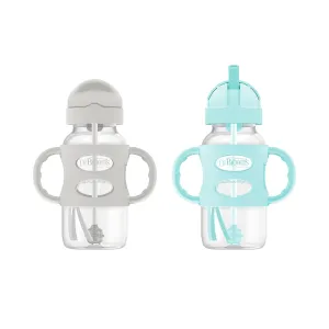 Dr. Brown's Milestones Wide-Neck Sippy Straw Bottle with 100% Silicone Handles and Weighted Straw, 9 oz/270 mL, Gray & Green, 6m 