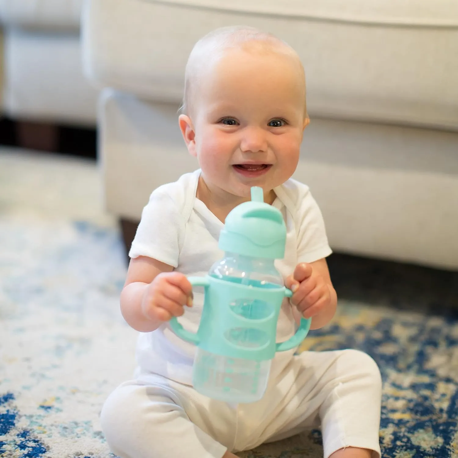 Dr. Brown's Milestones Wide-Neck Sippy Straw Bottle with 100% Silicone Handles and Weighted Straw, 9 oz/270 mL, Gray & Green, 6m 