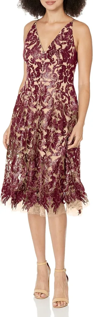 Dress the Population Women's Blair Plunging Fit and Flare Midi Dress