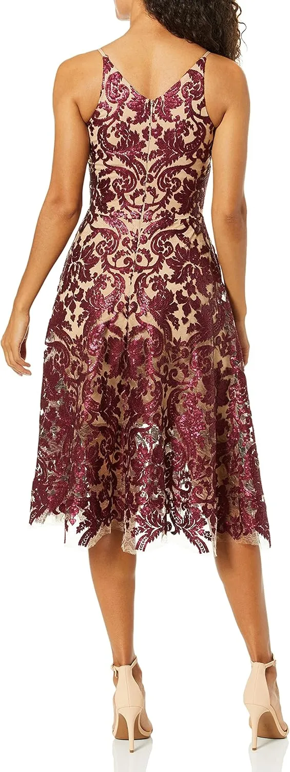 Dress the Population Women's Blair Plunging Fit and Flare Midi Dress
