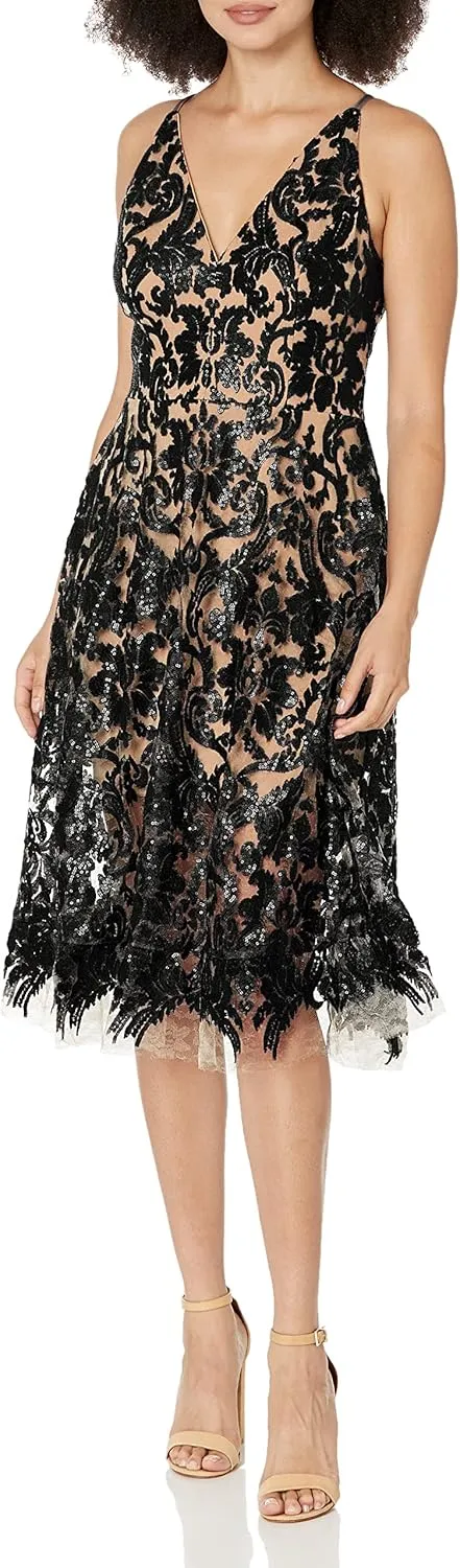 Dress the Population Women's Blair Plunging Fit and Flare Midi Dress
