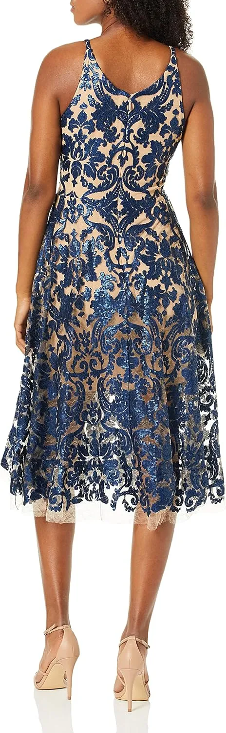 Dress the Population Women's Blair Plunging Fit and Flare Midi Dress