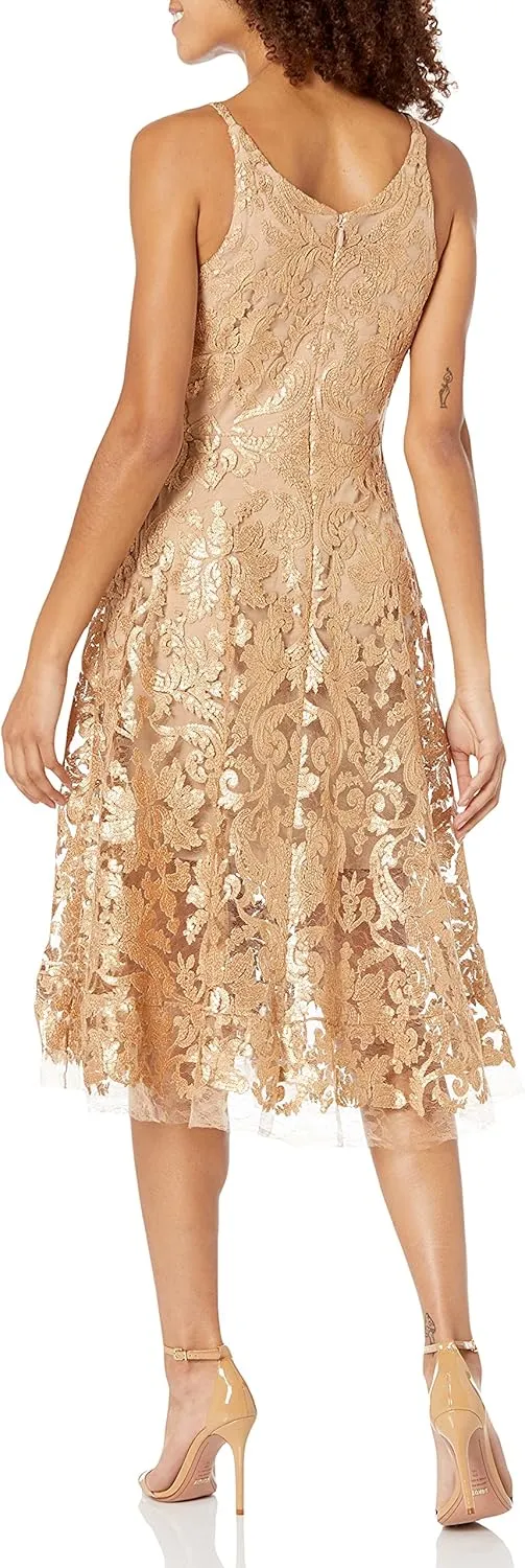 Dress the Population Women's Blair Plunging Fit and Flare Midi Dress