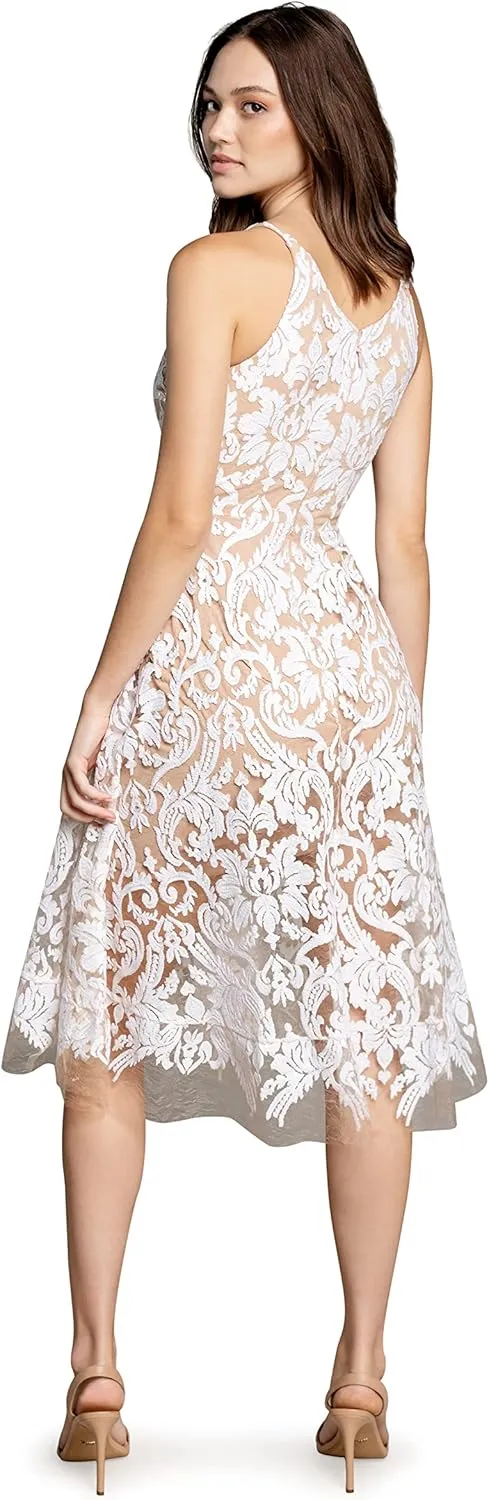 Dress the Population Women's Blair Plunging Fit and Flare Midi Dress