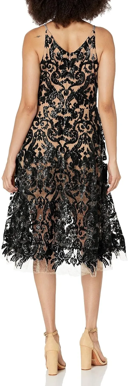 Dress the Population Women's Blair Plunging Fit and Flare Midi Dress