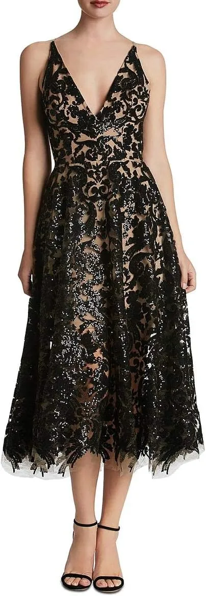 Dress the Population Women's Blair Plunging Fit and Flare Midi Dress