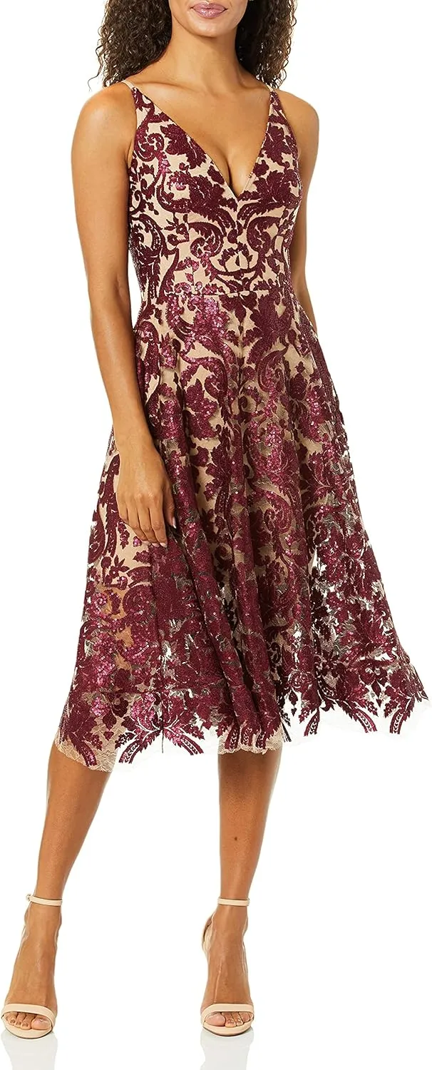 Dress the Population Women's Blair Plunging Fit and Flare Midi Dress