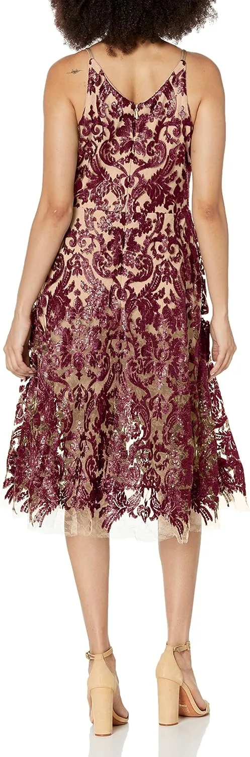 Dress the Population Women's Blair Plunging Fit and Flare Midi Dress