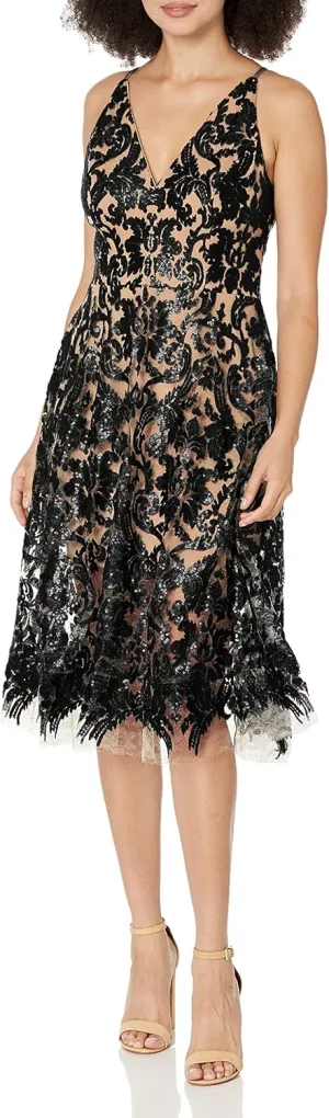 Dress the Population Women's Blair Plunging Fit and Flare Midi Dress