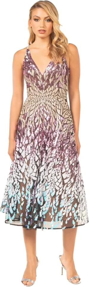Dress the Population Women's Elisa Sleeveless Plunge Neckline Fit and Flare Midi Dress